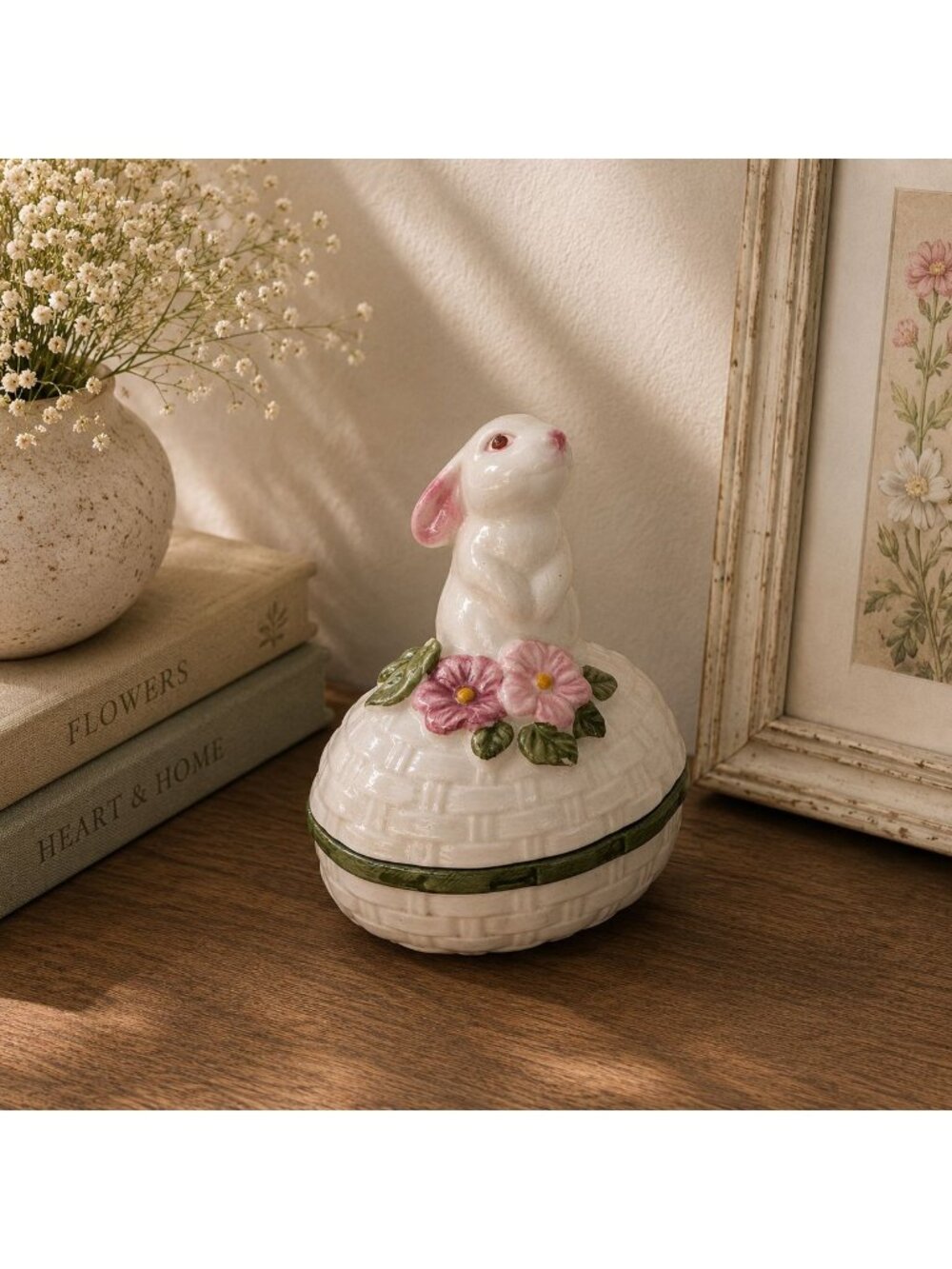 Avon Hand-Painted Ceramic Rabbit Trinket Box 1982 VTG Bunny Easter Cottagecore